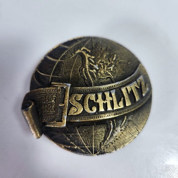 Schlitz Trademark Belt Buckle Vintage 70s Brass Globe D-168 Schultz Brewing Co. - Picture 1 of 7